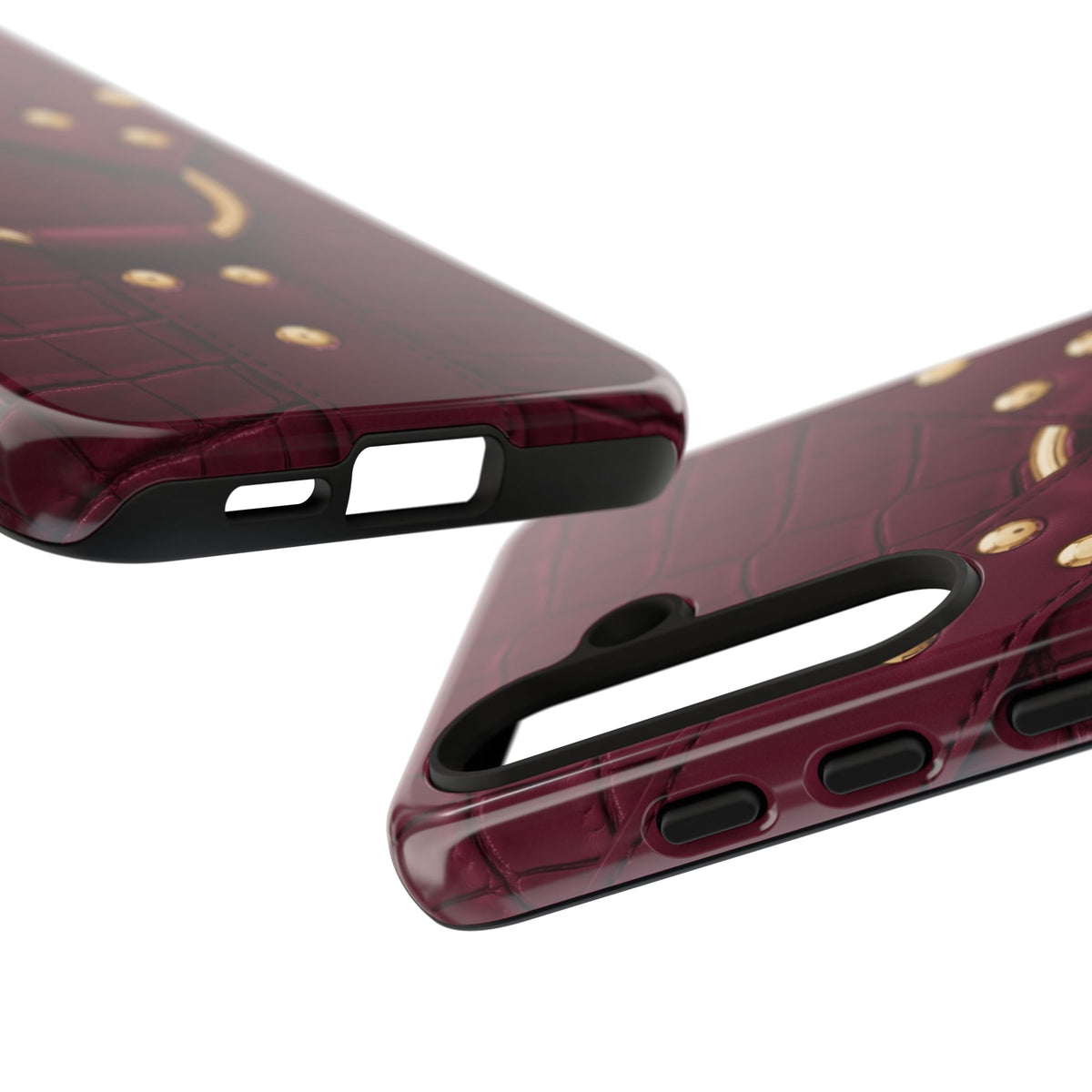 Croc Harness Burgundy Gold Tough Case, edge and port detail