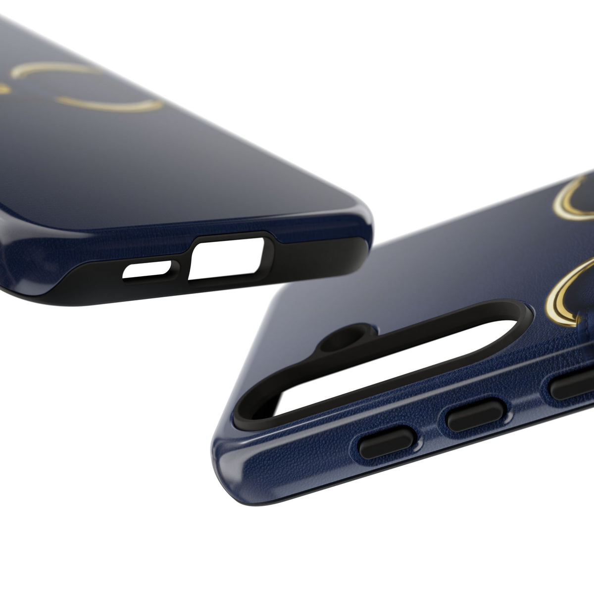 Double Ring Navy Gold Tough Case, edge and port detail